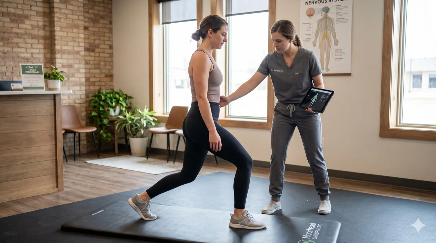 Dr. Paul Bekkum holding an iPad running Kinetisense KAMS at Integrix Health — patients performing movement assessments in the background
