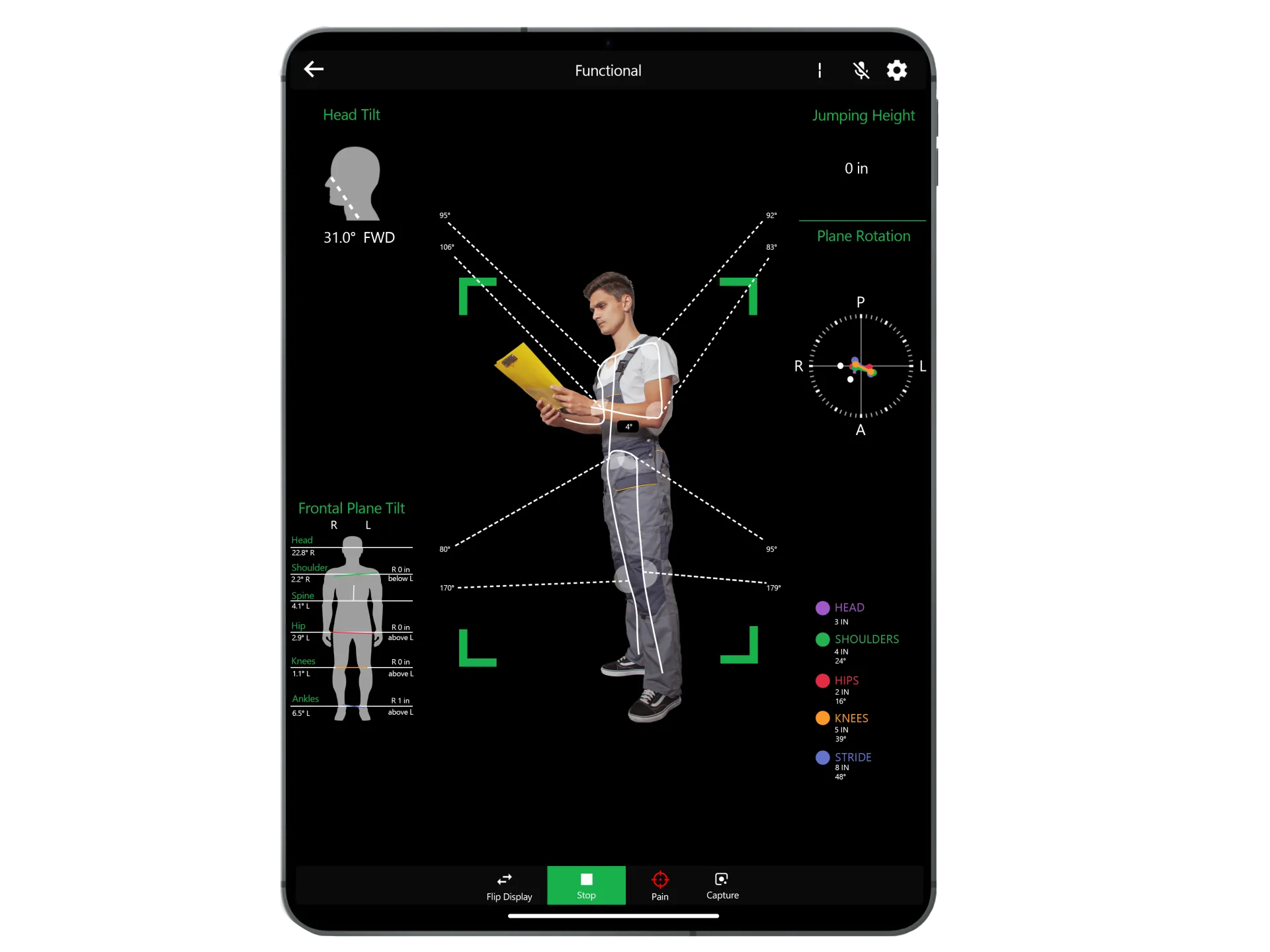 Kinetisense live data overlay — real-time frontal plane, joint angles, and posture measurements during a functional workplace assessment