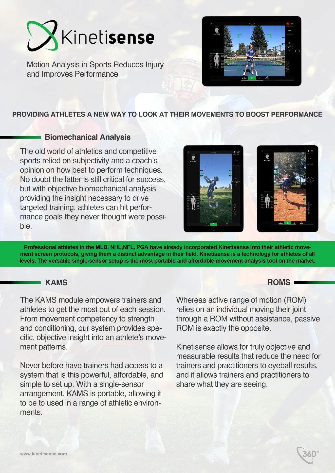 Kinetisense sports motion analysis — athlete movement data overlay showing bilateral symmetry, joint angles, and performance metrics for sports performance and injury prevention