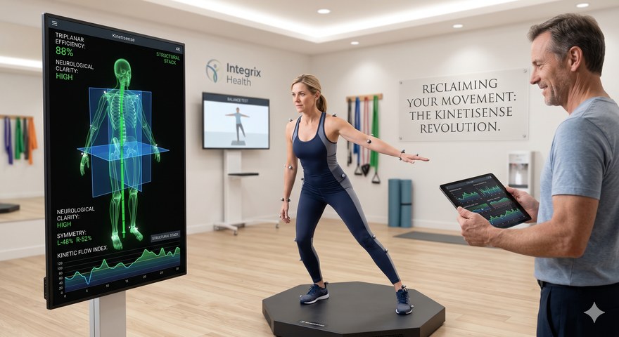 Kinetisense 3D motion analysis interface showing full-body triplanar movement screening